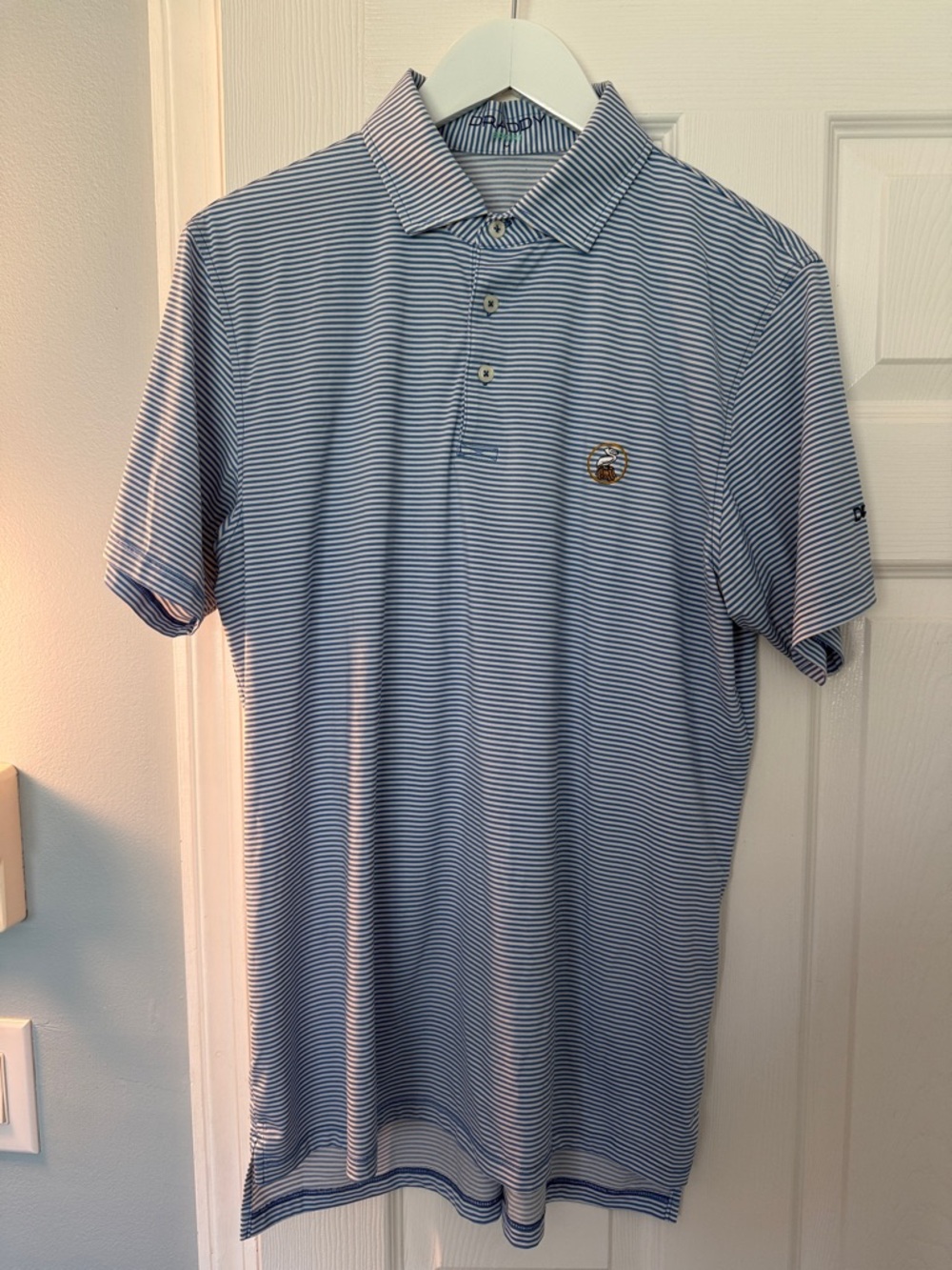 Men's Blue Micro-Stripe Polo Shirt with Embroidered Chest Detail